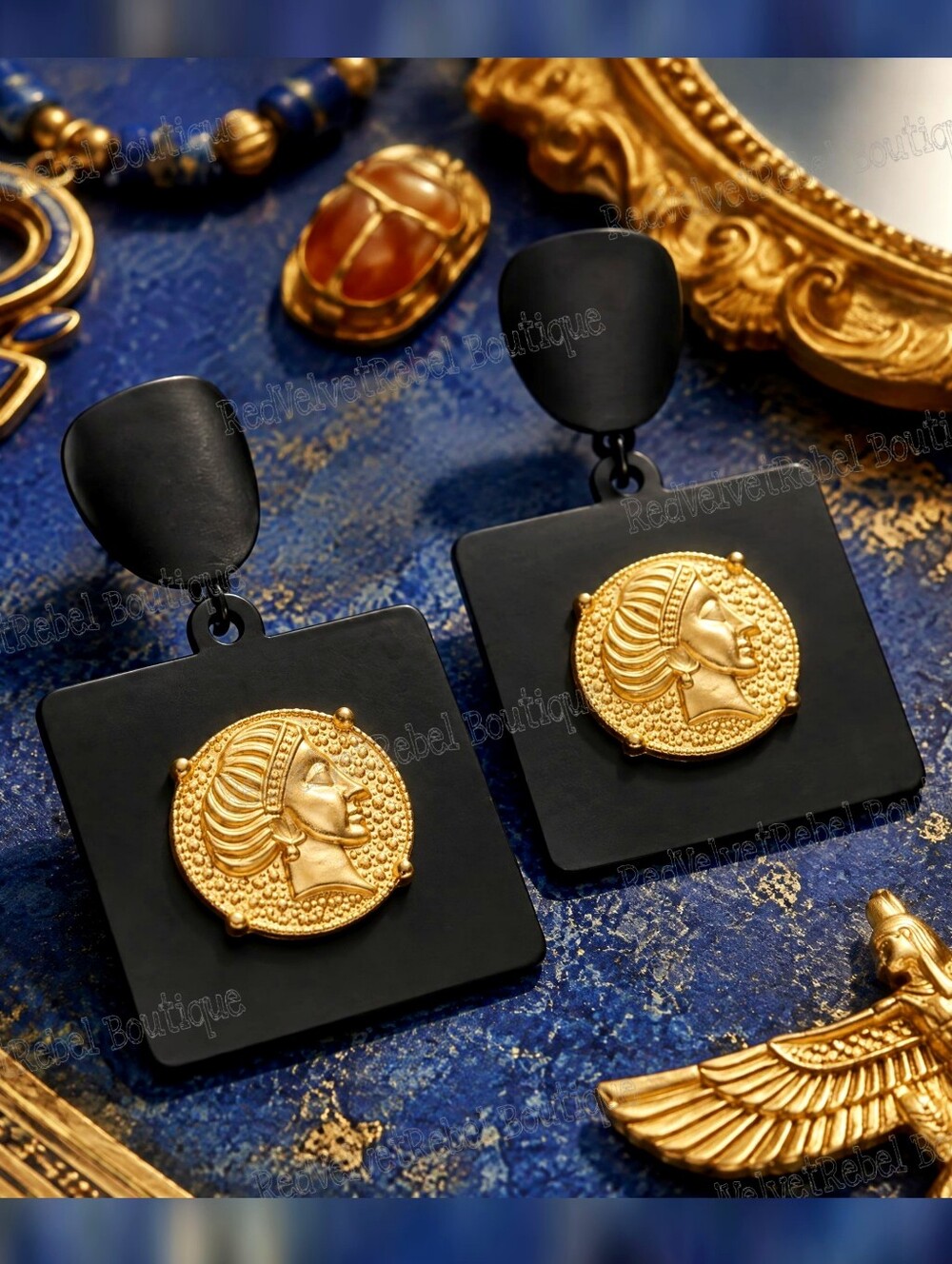Vintage Egyptian Revival 14K Gold Coin Black Geometric Earrings